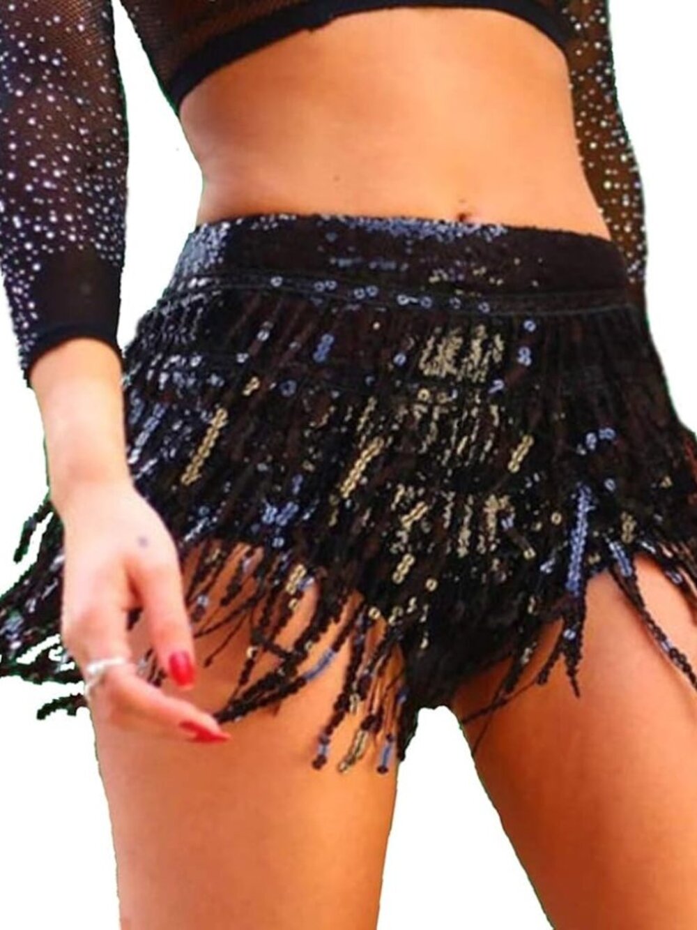 Black Sequin Tassel Fringe Wrap Mini Skirt